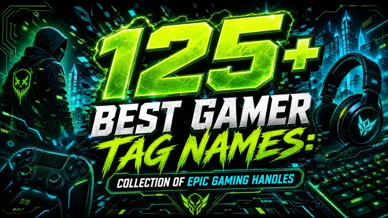 125+ best gamer tag names featured in a neon gaming design with controller, keyboard, headset, and futuristic esports theme