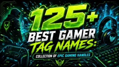 125+ best gamer tag names featured in a neon gaming design with controller, keyboard, headset, and futuristic esports theme