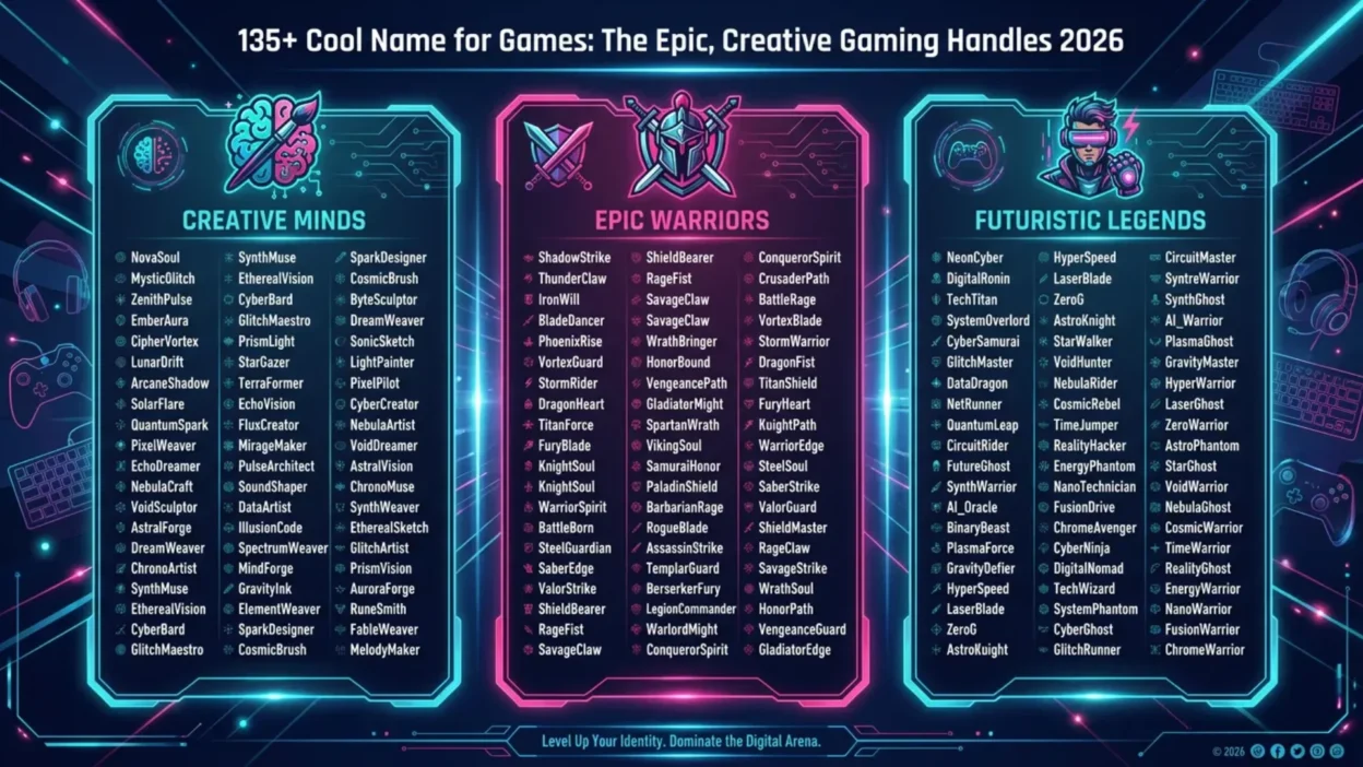 135+ cool names for games in a neon gaming design with controller, headset, keyboard, and futuristic esports theme