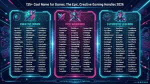 135+ cool names for games in a neon gaming design with controller, headset, keyboard, and futuristic esports theme