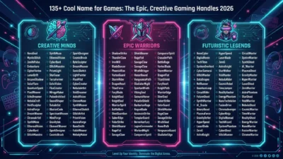 135+ cool names for games in a neon gaming design with controller, headset, keyboard, and futuristic esports theme