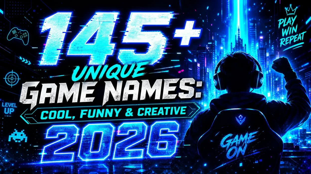 145+ unique game names in a colorful gaming design with controller, keyboard, headset, and futuristic 2026 esports style