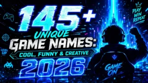 145+ unique game names in a colorful gaming design with controller, keyboard, headset, and futuristic 2026 esports style