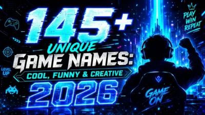 145+ unique game names in a colorful gaming design with controller, keyboard, headset, and futuristic 2026 esports style