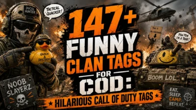 147+ funny COD clan tags with a Call of Duty-inspired gaming design, neon controller, headset, and competitive esports theme
