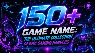 150+ game names in a futuristic gaming design with neon controller, keyboard, headset, and epic esports-inspired theme