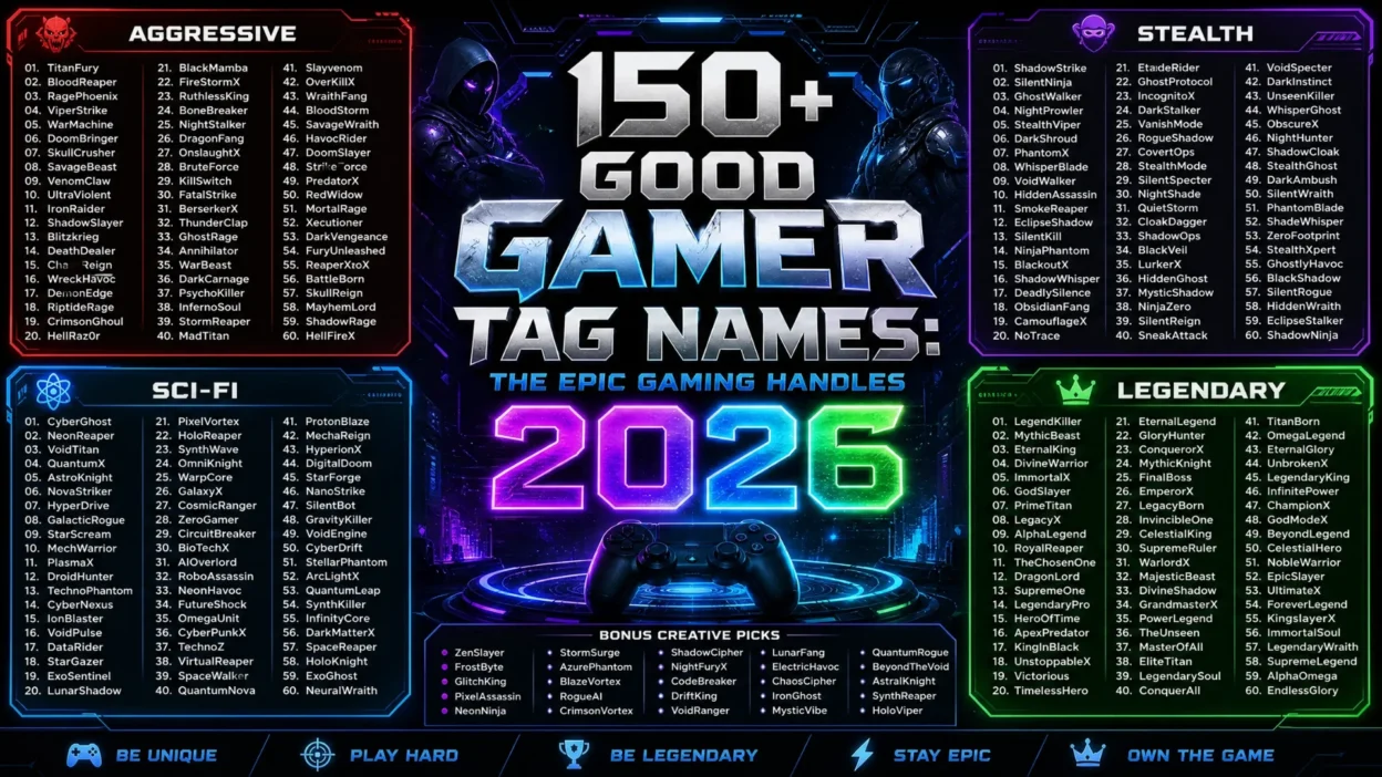 150+ good gamer tag names in a futuristic gaming design with controller, headset, keyboard, and neon esports theme Title: