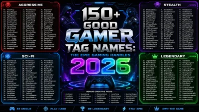 150+ good gamer tag names in a futuristic gaming design with controller, headset, keyboard, and neon esports theme Title: