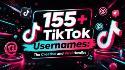 155+ TikTok usernames in a vibrant social media design with smartphone, neon icons, and creative viral branding for 2026