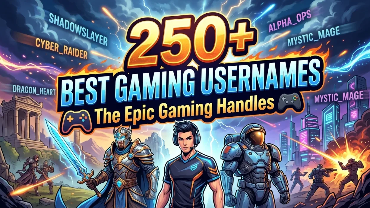 250+ best gaming usernames in a futuristic gaming design with neon controller, keyboard, headset, and esports-inspired setup