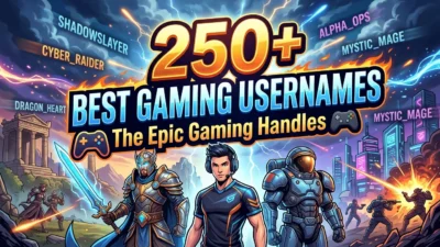 250+ best gaming usernames in a futuristic gaming design with neon controller, keyboard, headset, and esports-inspired setup