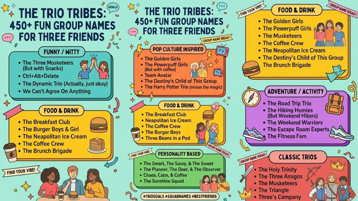 450+ three friends group names in a fun, colorful design featuring a trio theme, chat icons, and friendship-inspired graphics