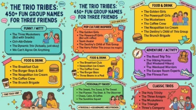 450+ three friends group names in a fun, colorful design featuring a trio theme, chat icons, and friendship-inspired graphics
