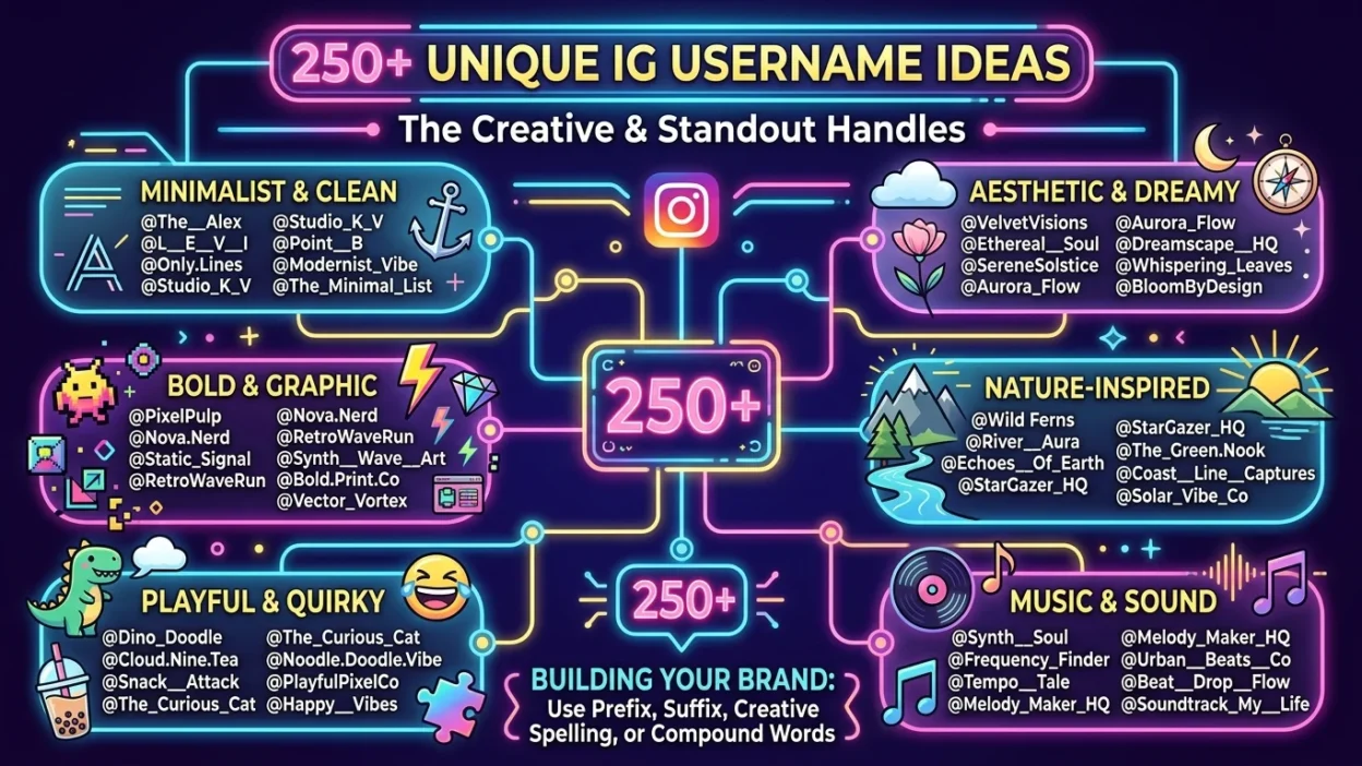 250+ unique Instagram username ideas with modern social media branding, creative profile design, and vibrant visual elements