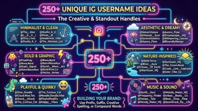 250+ unique Instagram username ideas with modern social media branding, creative profile design, and vibrant visual elements