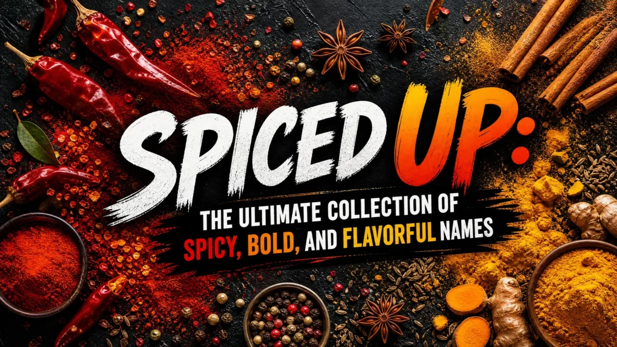 Spiced-up names collection with bold typography, fiery chili peppers, vibrant spices, and colorful flavor-inspired background