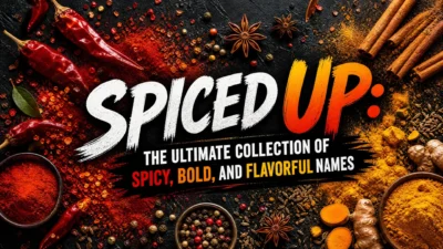 Spiced-up names collection with bold typography, fiery chili peppers, vibrant spices, and colorful flavor-inspired background