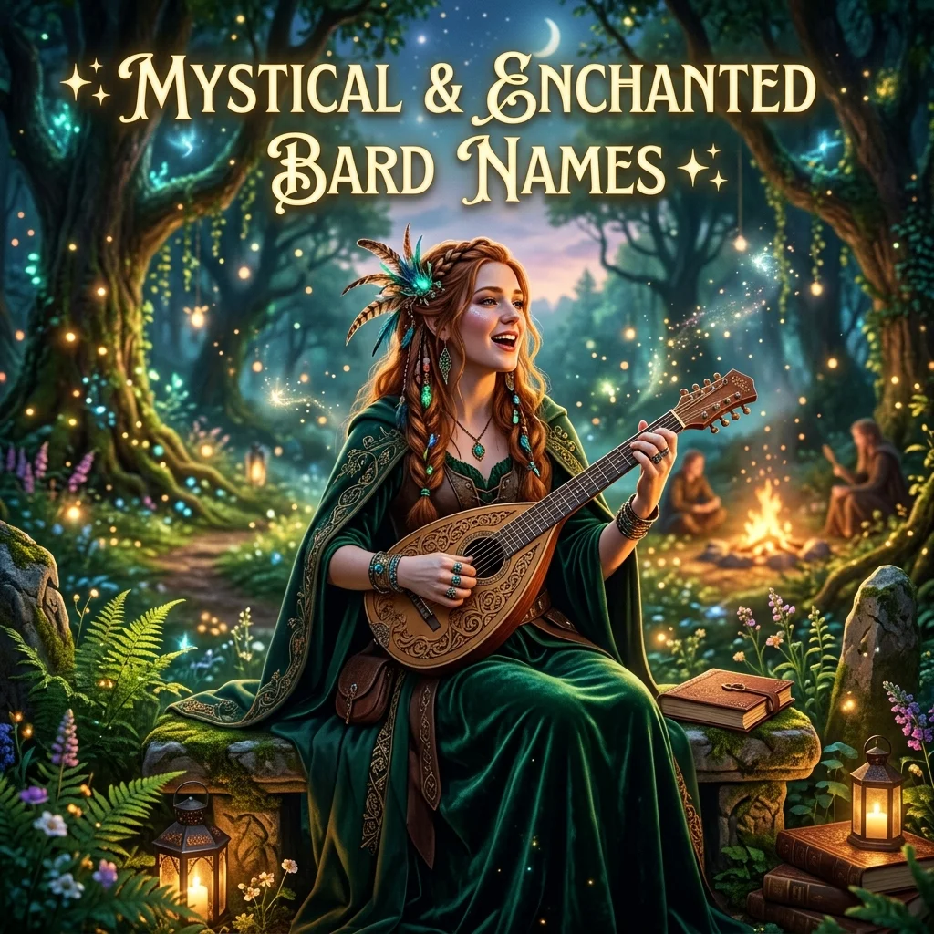Mystical and enchanted bard names with magical fantasy ideas inspired by spells, legends, moonlight, and mythical worlds