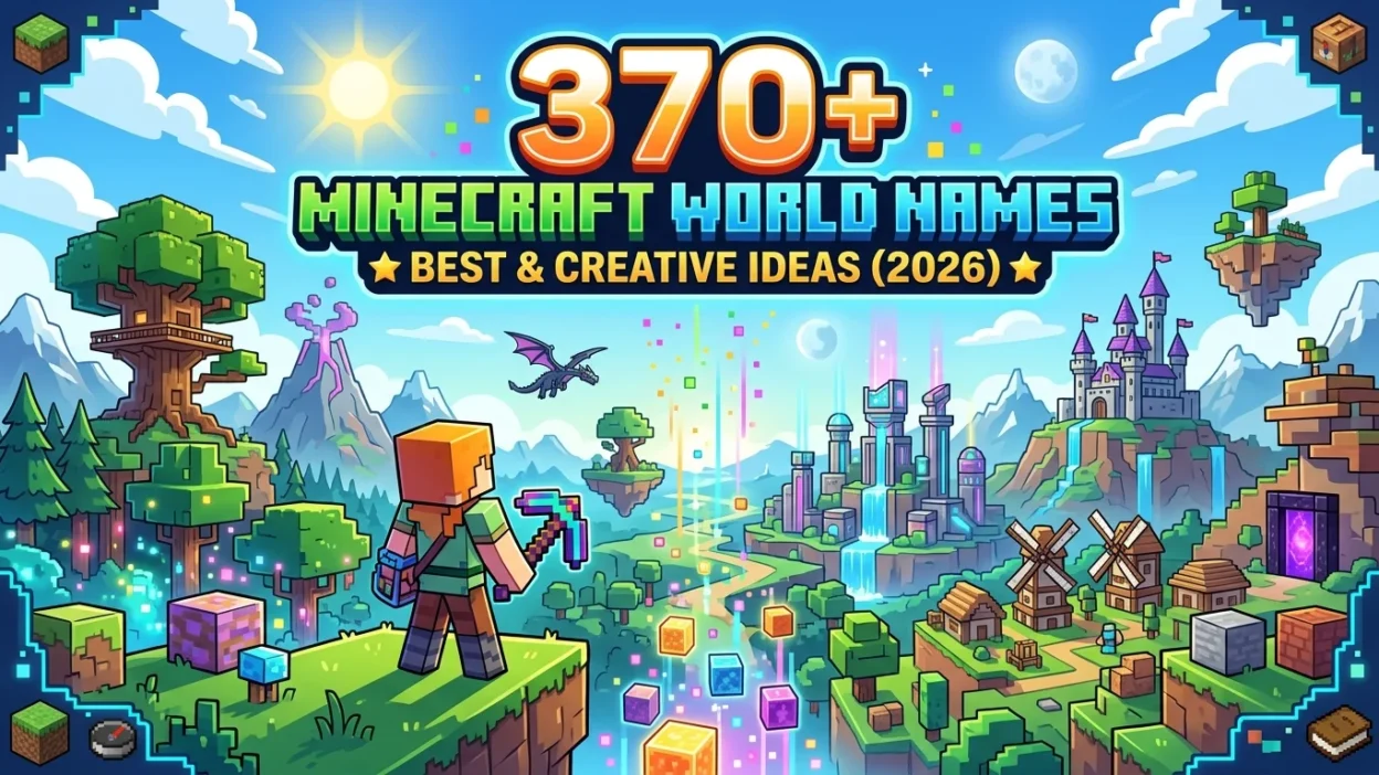 370+ Minecraft world names with creative fantasy landscapes, pixel-style blocks, and epic survival world ideas for 2026