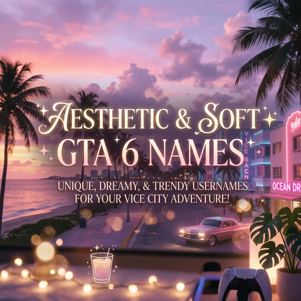 Aesthetic and soft GTA 6 names with dreamy Vice City visuals, pastel neon lights, palm trees, and stylish gaming design