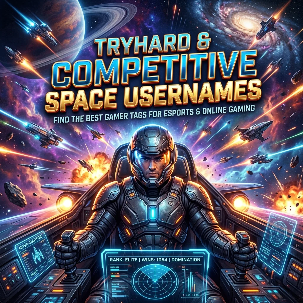 Tryhard and competitive space usernames with cosmic gaming visuals, galaxies, stars, and futuristic esports-inspired design