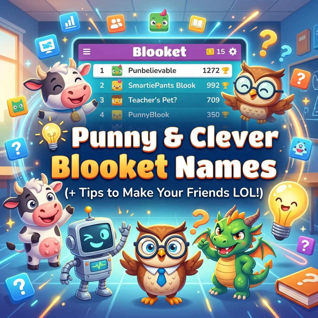 Punny and clever Blooket names with witty wordplay, funny quiz references, creative ideas, and classroom-friendly humor