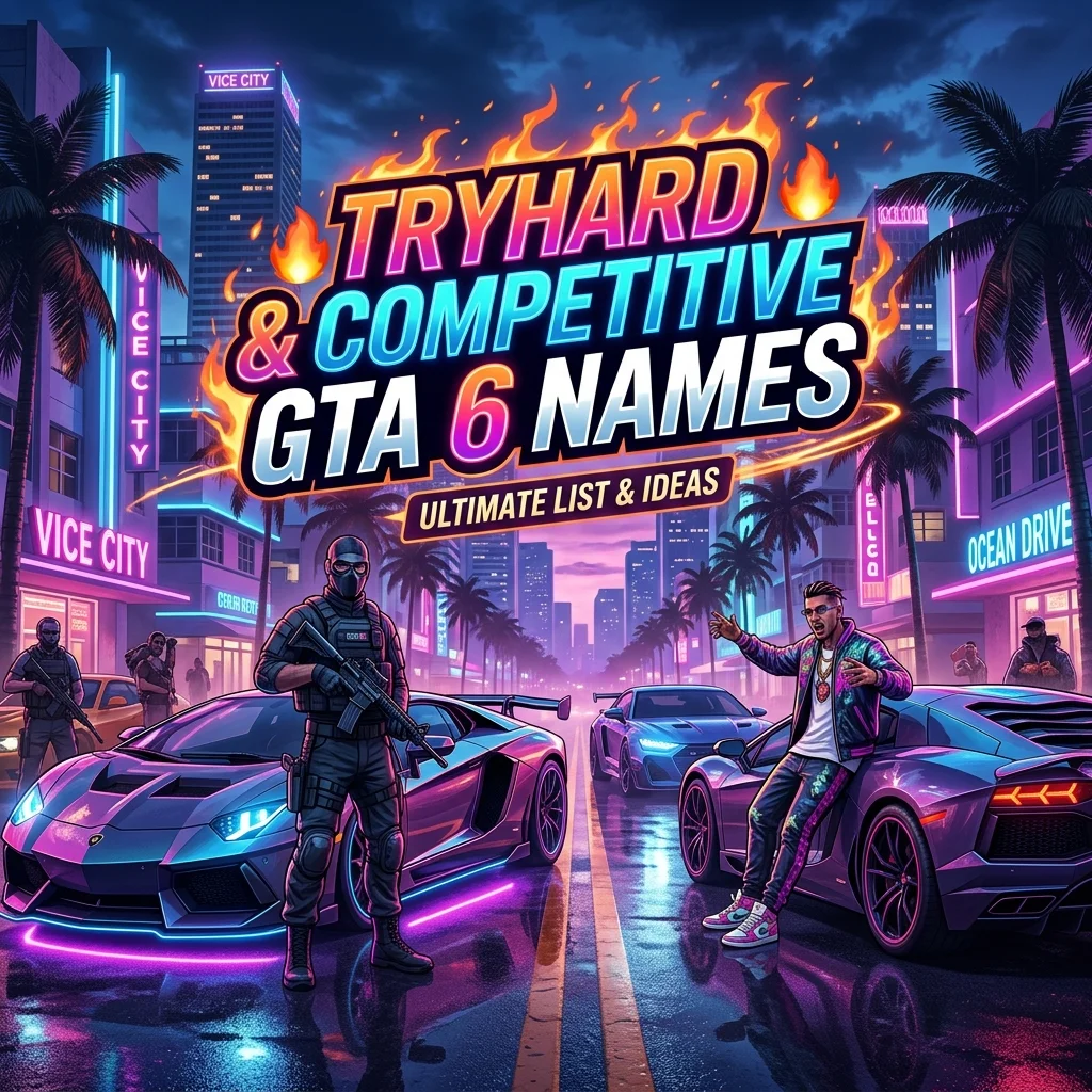 Tryhard and competitive GTA 6 names with fierce gaming visuals, neon Vice City atmosphere, and esports-inspired design