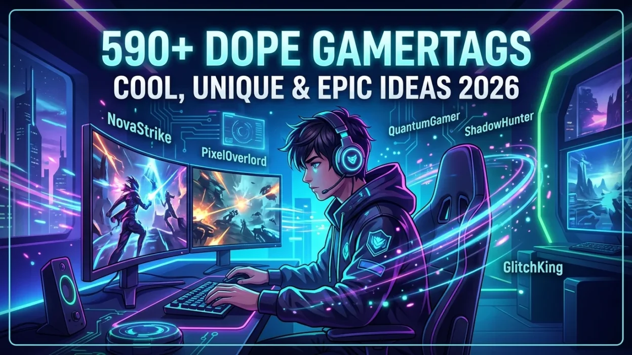 590+ dope gamertags with cool, unique, and epic gaming names in a futuristic neon esports gaming setup for 2026