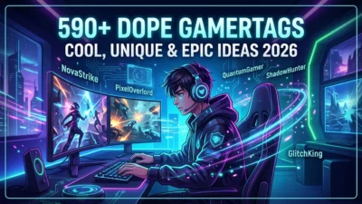 590+ dope gamertags with cool, unique, and epic gaming names in a futuristic neon esports gaming setup for 2026