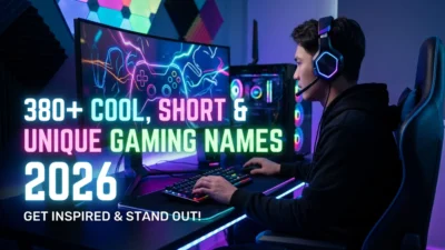380+ cool, short, and unique gaming names with epic gamer tags, neon gaming setup, controller, keyboard, and esports theme