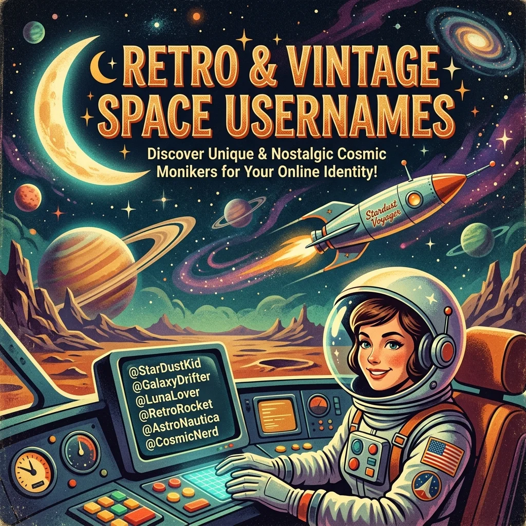 Retro and vintage space usernames with classic cosmic visuals, stars, planets, old-school sci-fi, and nostalgic design