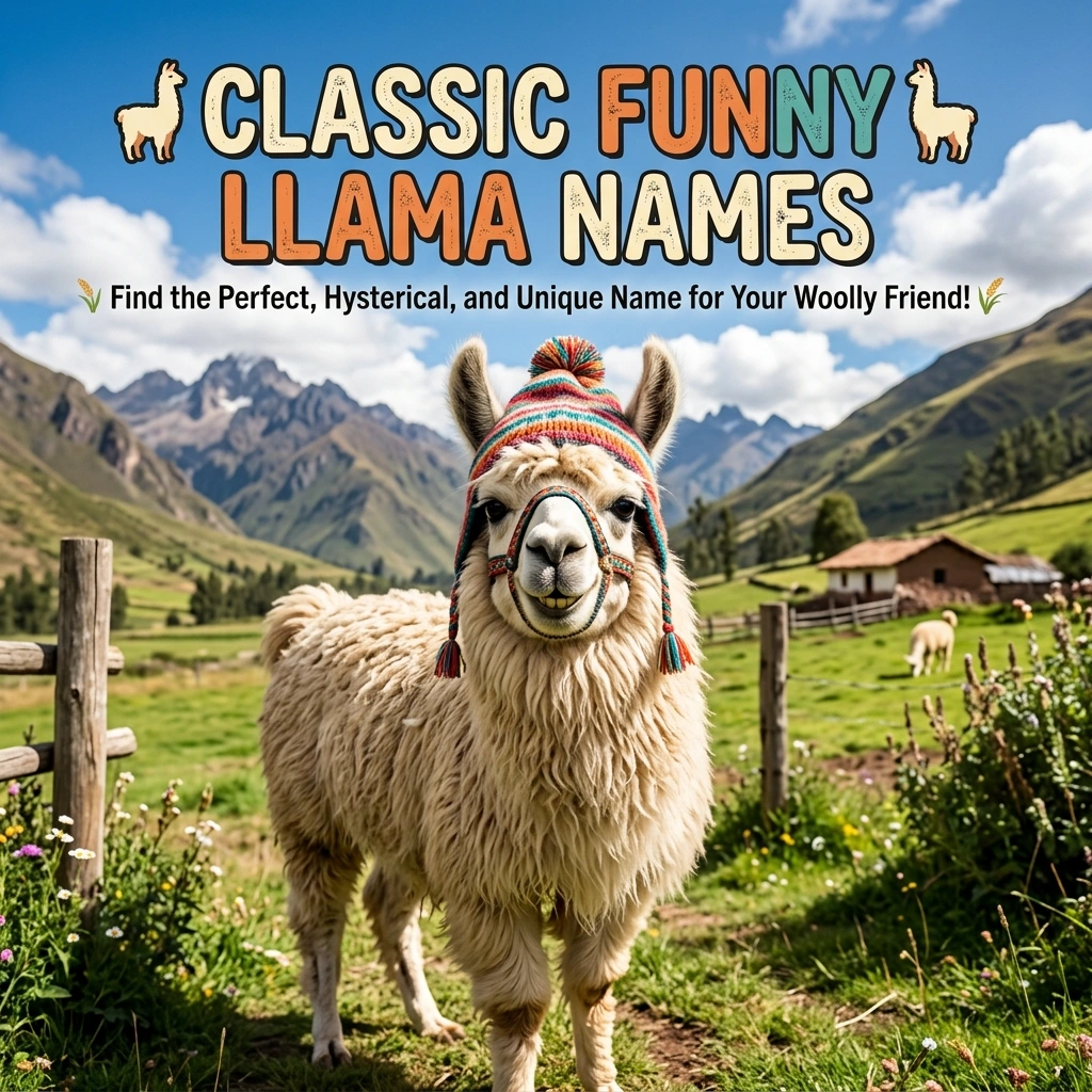 Classic funny llama names with hilarious, cute, clever, pun-based, and creative ideas for llamas and pets