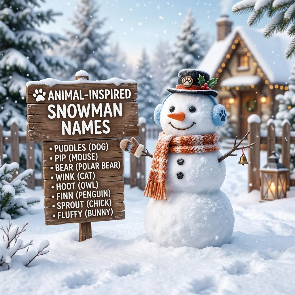 Animal-inspired snowman names with cute, funny, creative, winter, and wildlife-themed ideas for snowmen