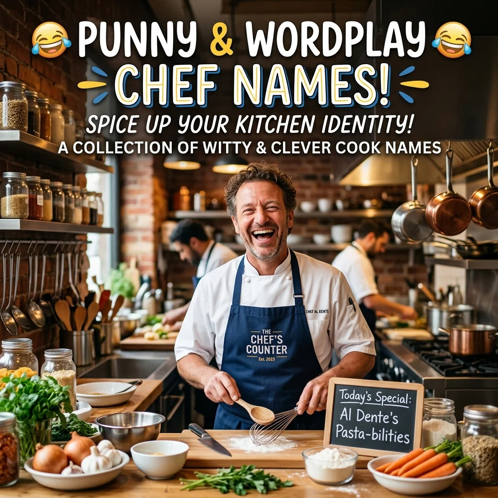 Punny and wordplay chef names with funny, clever, creative, witty, food-inspired, and hilarious ideas