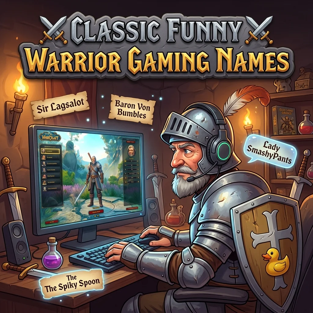 Classic funny warrior gaming names with hilarious, epic, clever, cool, and unique ideas for gamers and battle characters