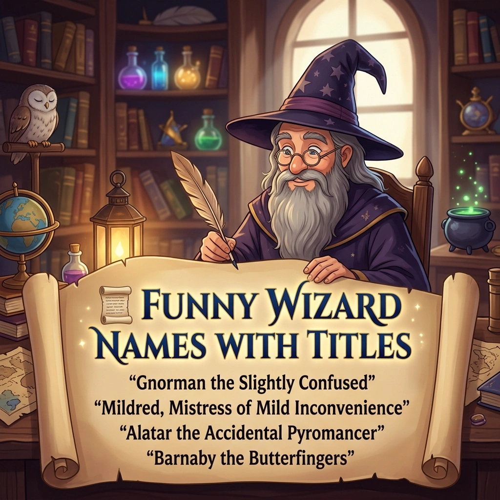 Funny wizard names with titles featuring hilarious, magical, creative, pun-filled, and fantasy-inspired character ideas