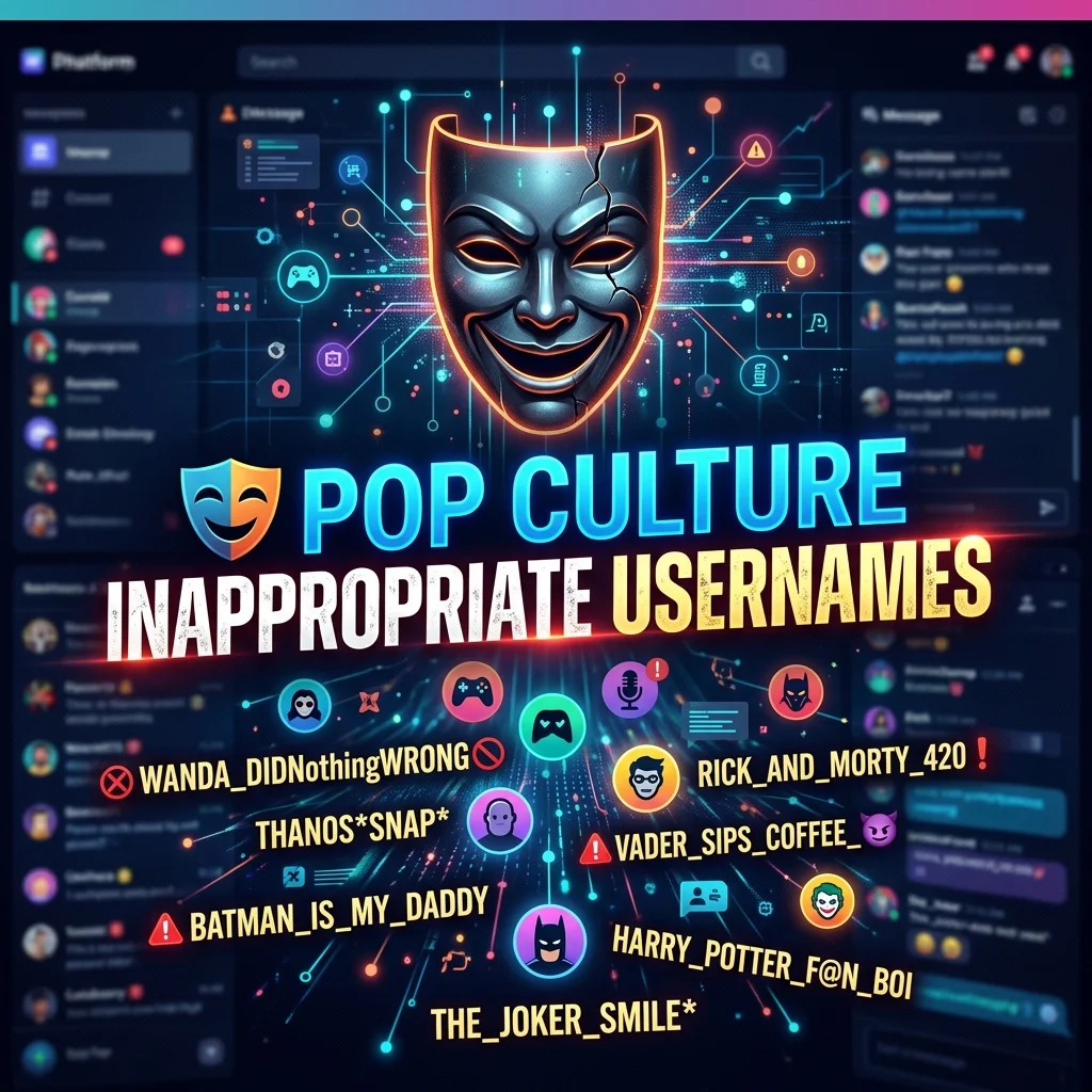 Pop culture inappropriate usernames with funny, cheeky, clever, playful, and creative ideas inspired by movies, TV, music, and celebrities