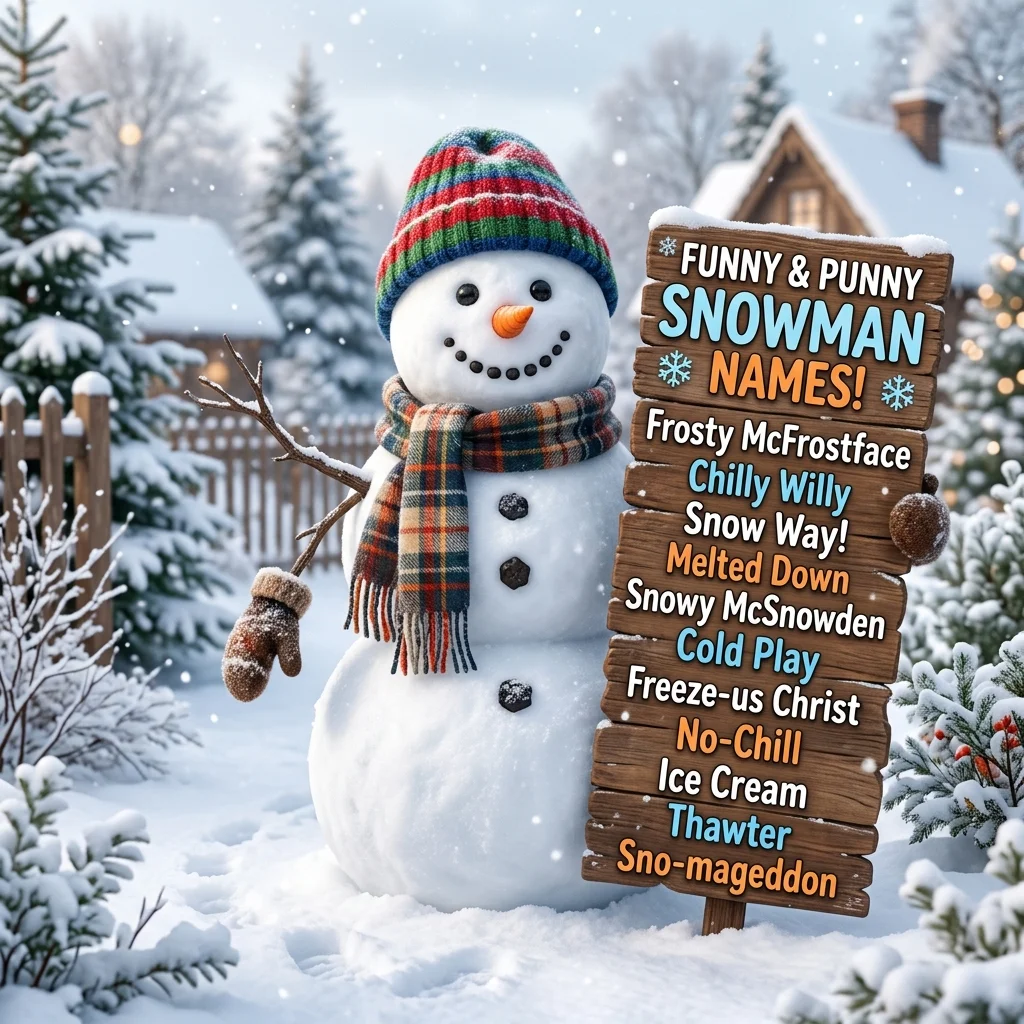 Funny and punny snowman names with hilarious, clever, cute, frosty, creative, and winter-themed ideas